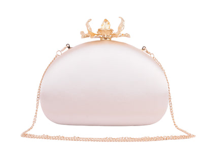 1612-PEARL - Silk Round Clutch with Intricate Flower Hardware and Chain Crossbody Strap - Wholesale Handbag - Most Wanted USA