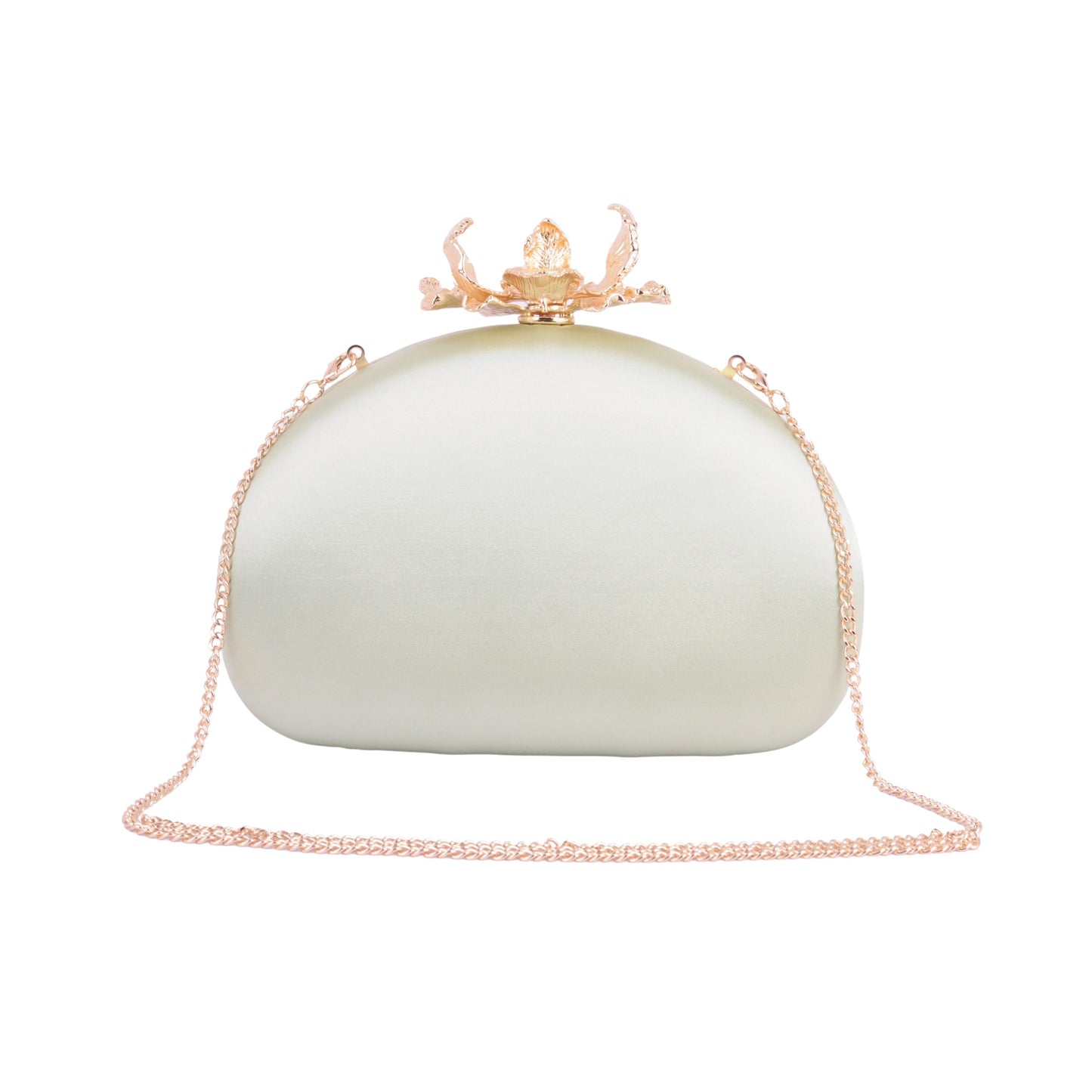 1612-SAGE - Silk Round Clutch with Intricate Flower Hardware and Chain Crossbody Strap - Wholesale Handbag - Most Wanted USA