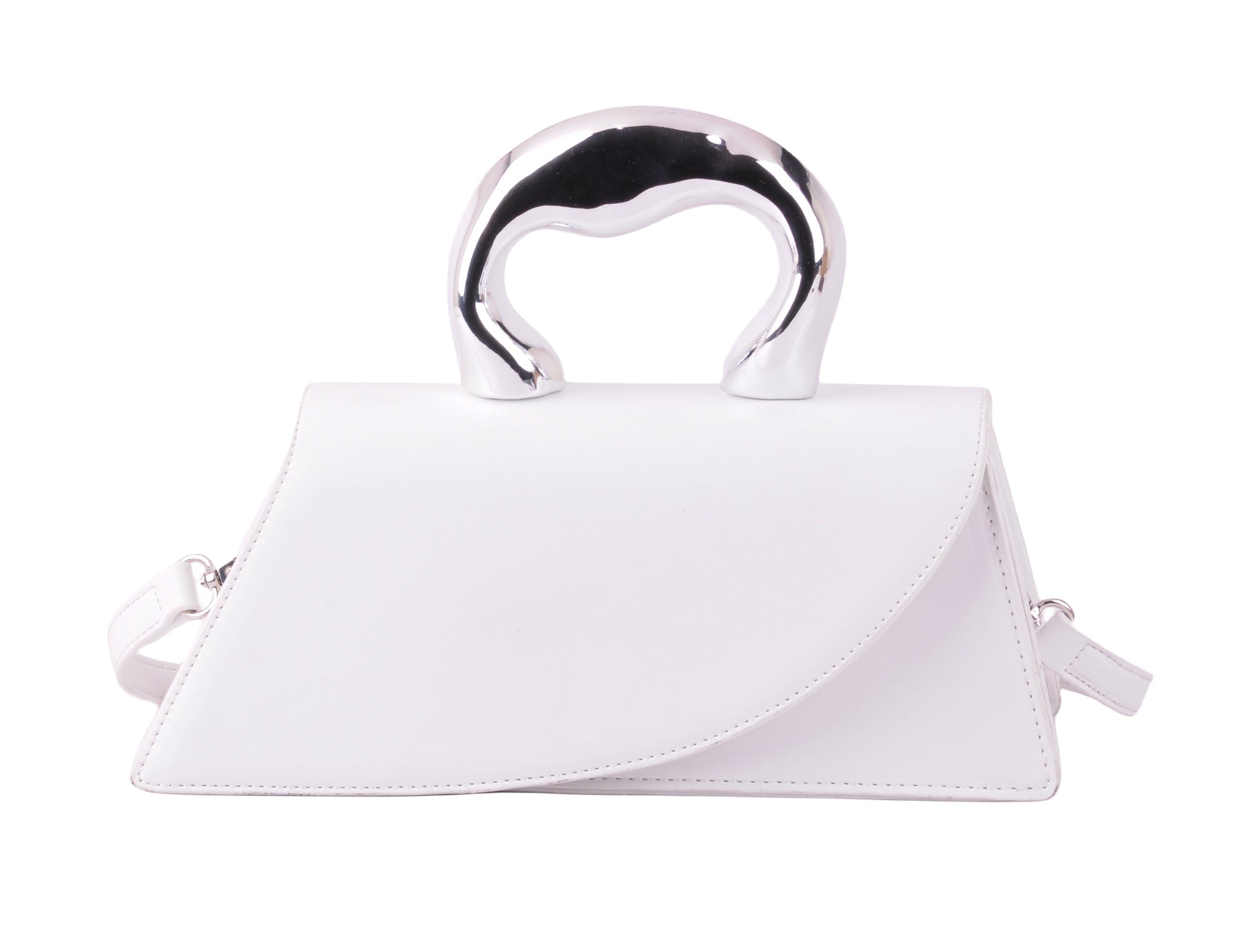 1628-WHITE 1628 - Modern Edge: Asymmetrical Crossbody with Statement Chrome Handle - Wholesale Handbag - Most Wanted USA