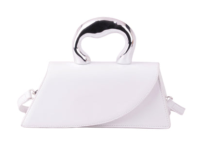 1628-WHITE 1628 - Modern Edge: Asymmetrical Crossbody with Statement Chrome Handle - Wholesale Handbag - Most Wanted USA