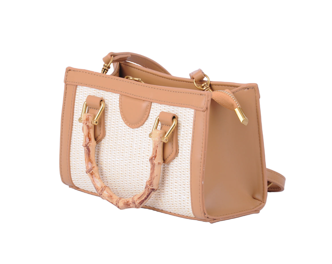 1633 - Bamboo Chic: Top Handle Satchel with Raffia Body and PU Trims