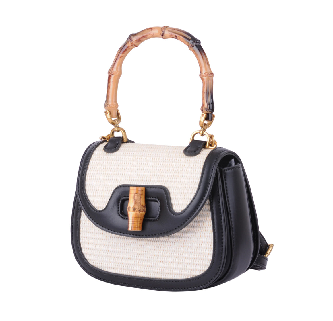 1634 - Bamboo Bliss: Top Handle Saddle Bag with Raffia Body and PU Trims