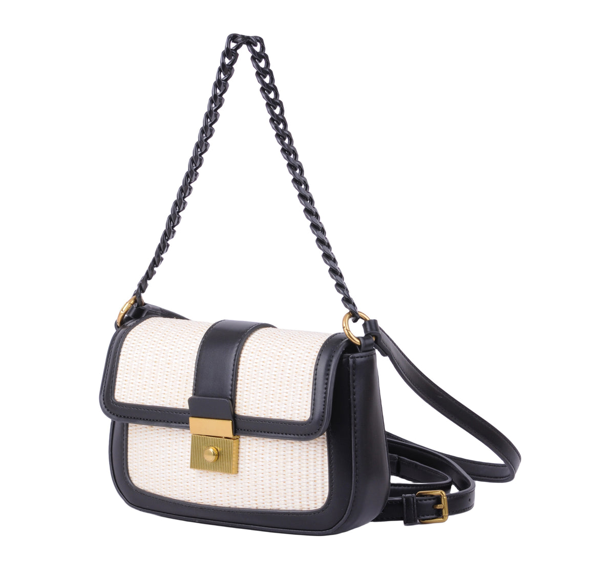 1635 - Rustic Chic: Raffia Crossbody with PU Trims and Matching Smooth Heavy Chain