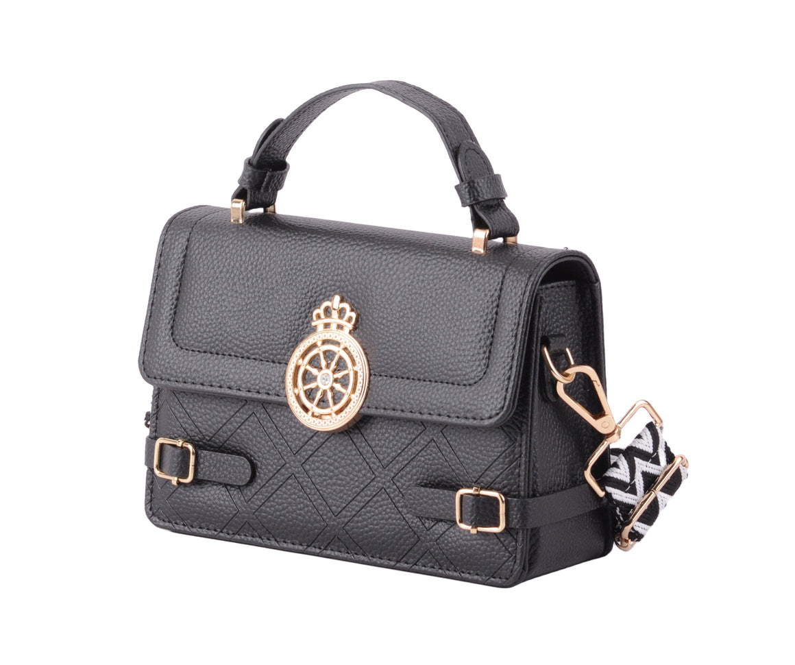 1636 - Faux Leather Satchel with Gold Hardware and Chevron Web Strap