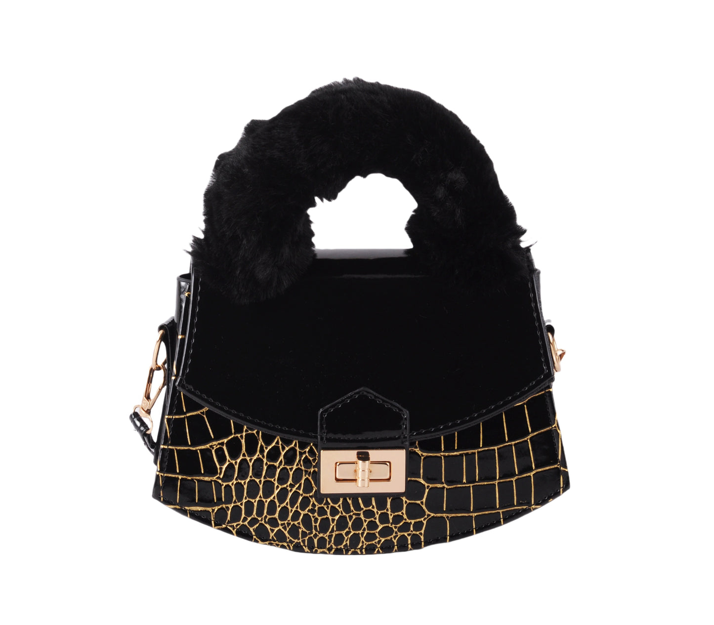 1647 - Metallic Crocodile Print Satchel with Fur Top Handle