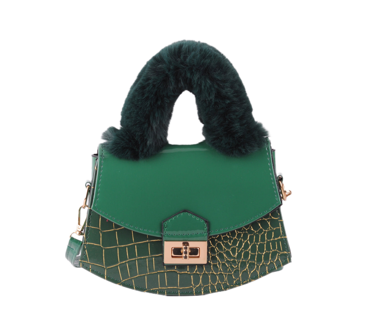 1647 - Metallic Crocodile Print Satchel with Fur Top Handle