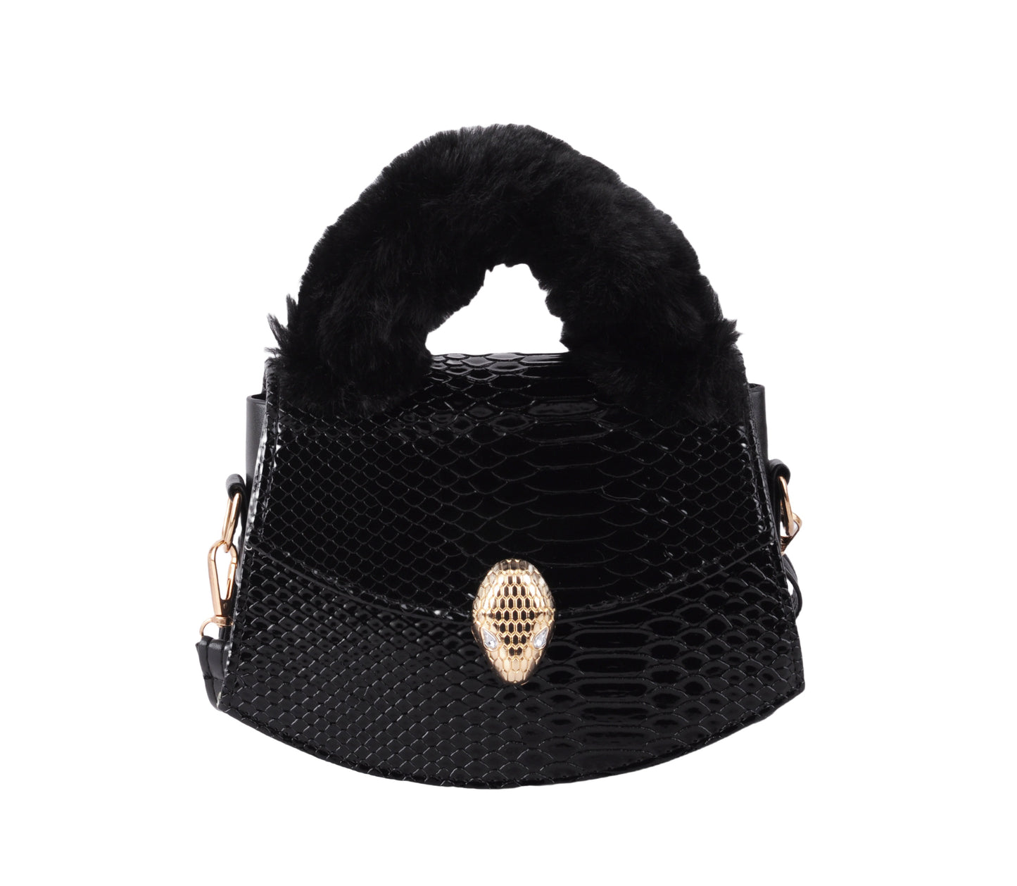 Furry Top Handle Snakeskin Satchel