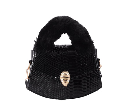 Furry Top Handle Snakeskin Satchel