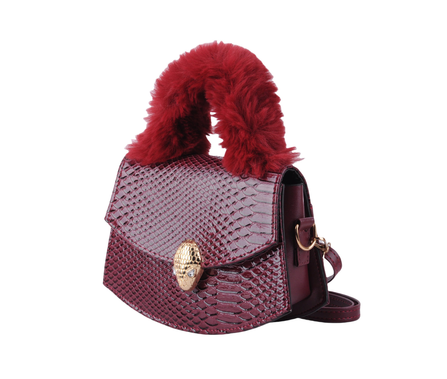 Furry Top Handle Snakeskin Satchel
