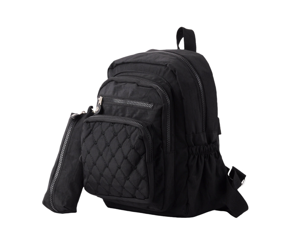 1651-BLACK 1651 - Nylon Backpack with Embroidered Hearts and Pencil Case - Wholesale Handbag - Most Wanted USA