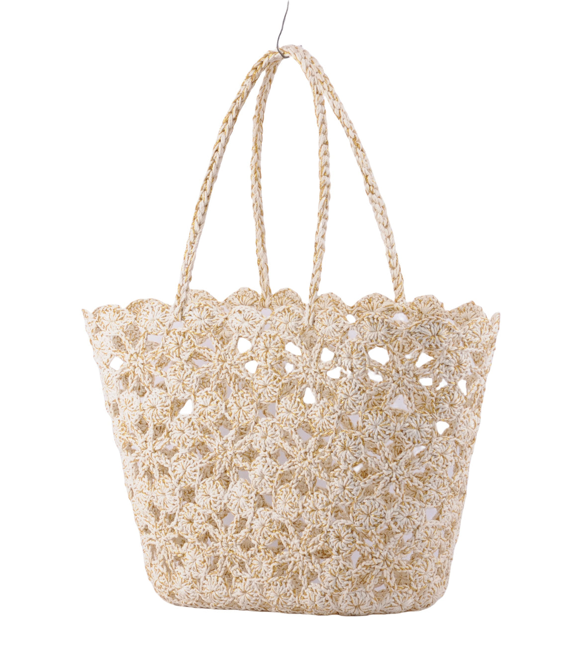 1698 - Woven Floral Patterned Tote Bag with Gold Accents