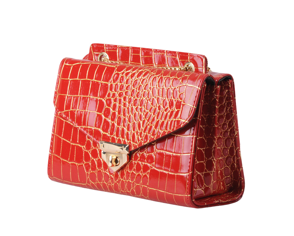 1718 - Vegan Patent Leather Crossbody Bag with Gold Chain