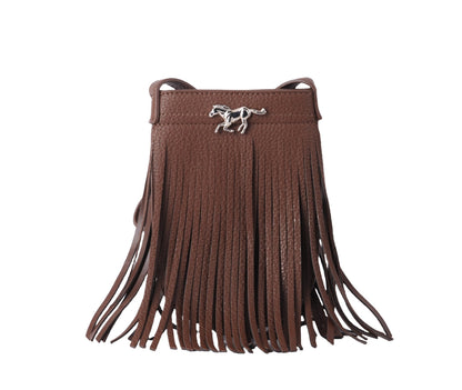 Vegan Leather Fringe North-South Bag with Horse Hardware