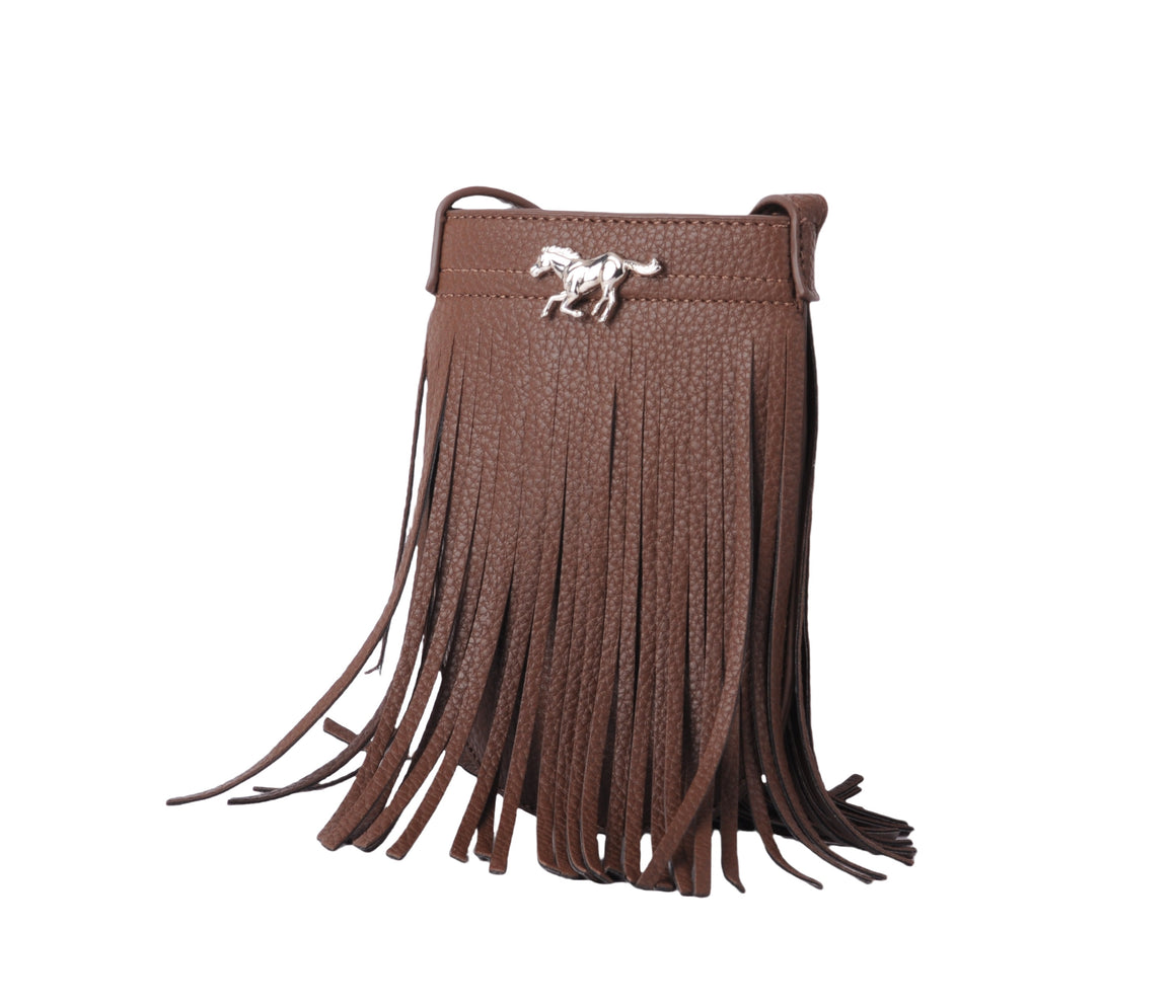 Vegan Leather Fringe North-South Bag with Horse Hardware