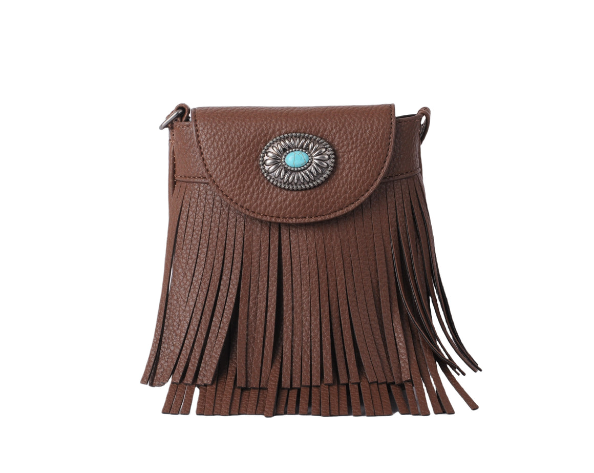 1723 - Vegan Leather Fringe North-South Crossbody with Turquoise Hardware