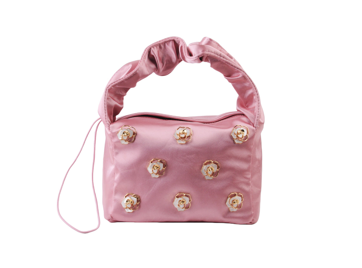 1725 - Satin Satchel with Scrunched Top Handle and Flower Charms