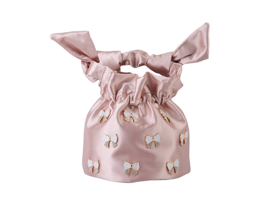 Scrunchy Satin Baby Pink Bow Charm Bag