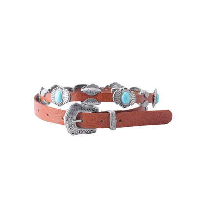 Western Concho Leather Belt with Oval Turquoise Stones