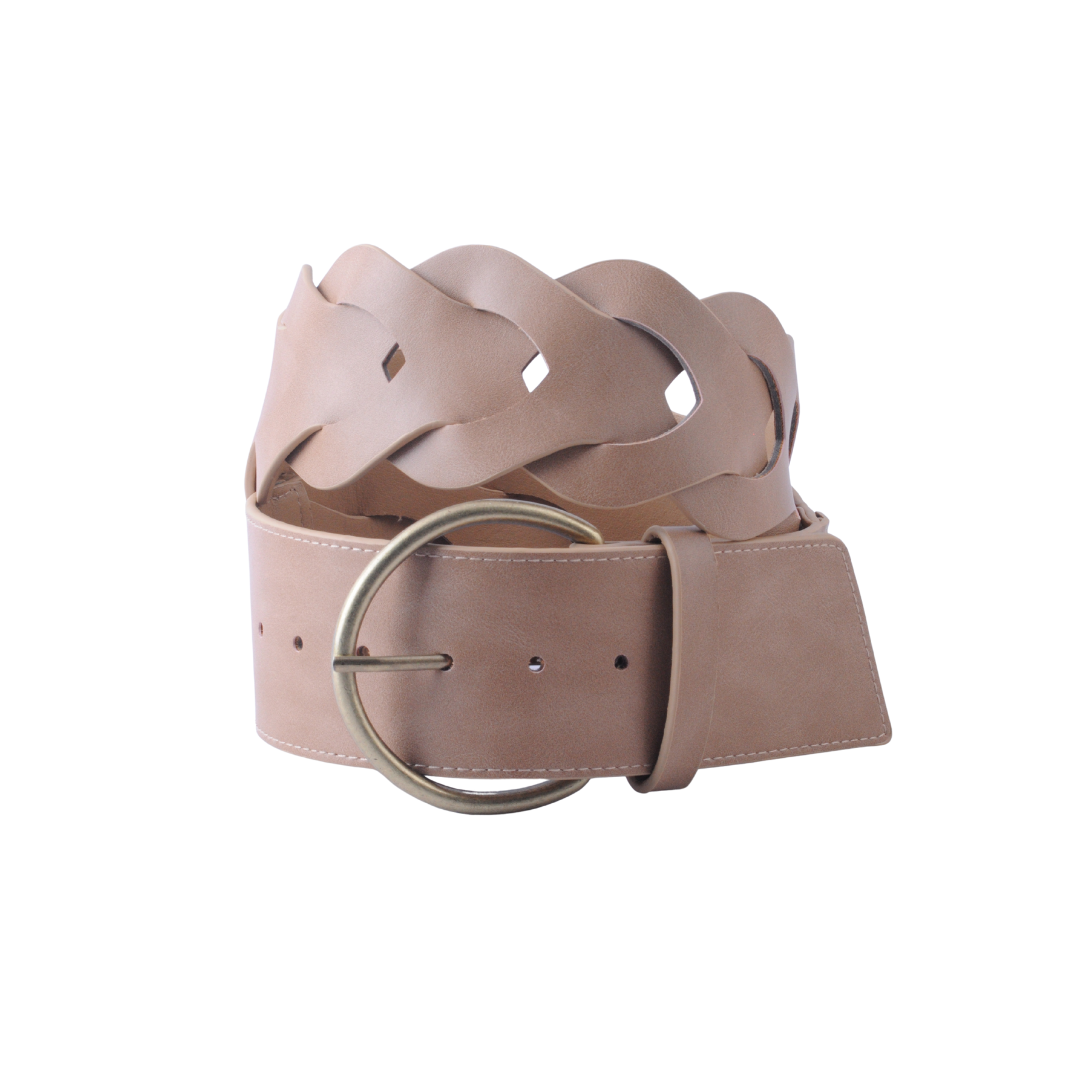Ultra Thin Brass Buckle Belt with Chevron Patterned Woven Tail