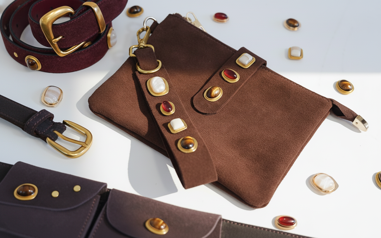 Gemstone Suede Wristlet Pouch & Keychain Set of 2