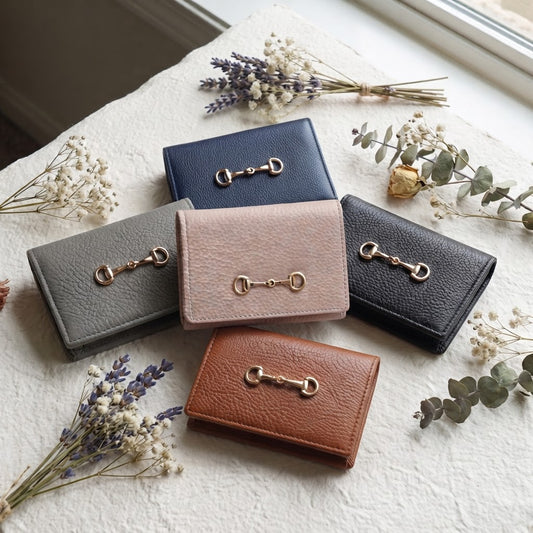 Gold Horsebit Compact Folded Card Case in Grained Leather