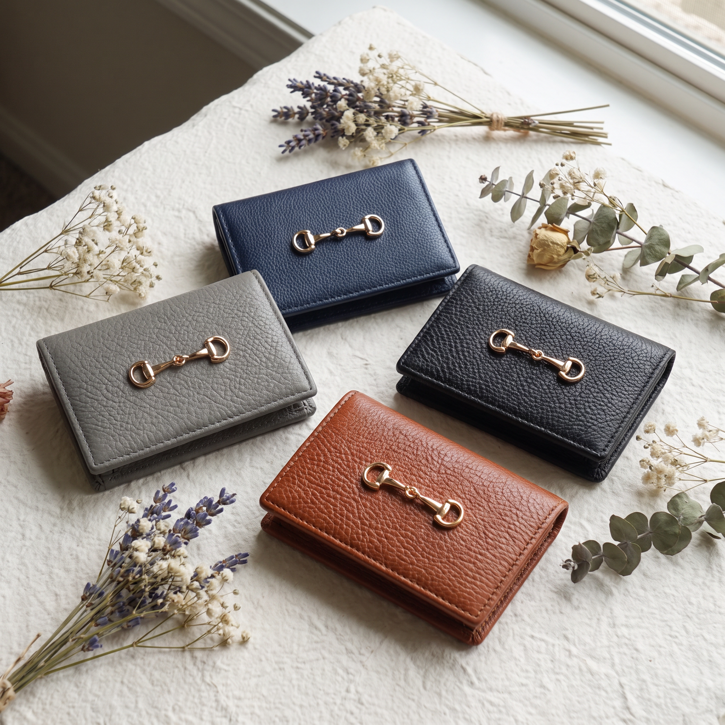 Gold Horsebit Compact Folded Card Case in Grained Leather