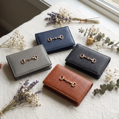 Gold Horsebit Compact Folded Card Case in Grained Leather