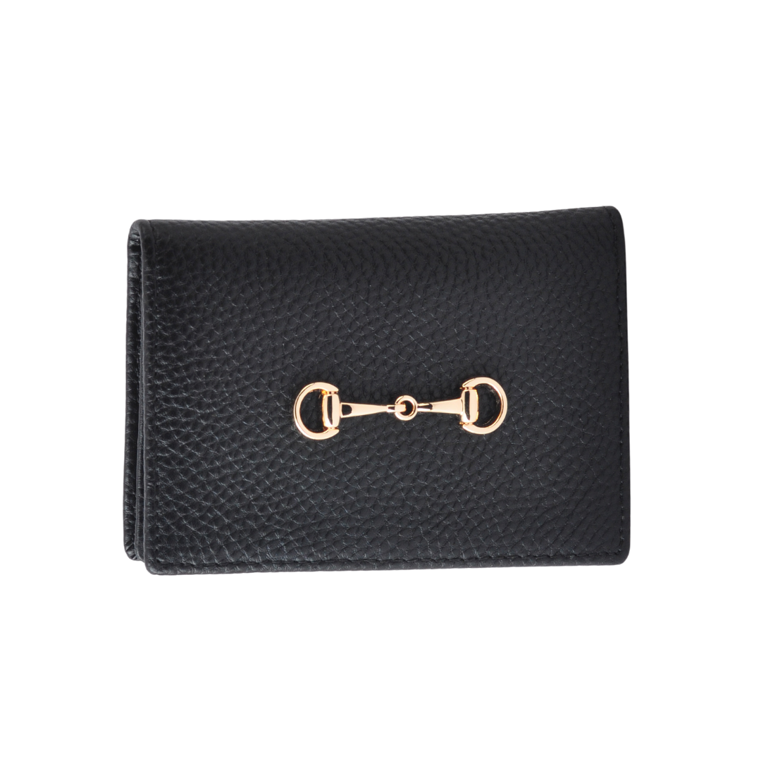 Gold Horsebit Compact Folded Card Case in Grained Leather