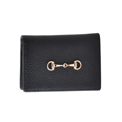 Gold Horsebit Compact Folded Card Case in Grained Leather