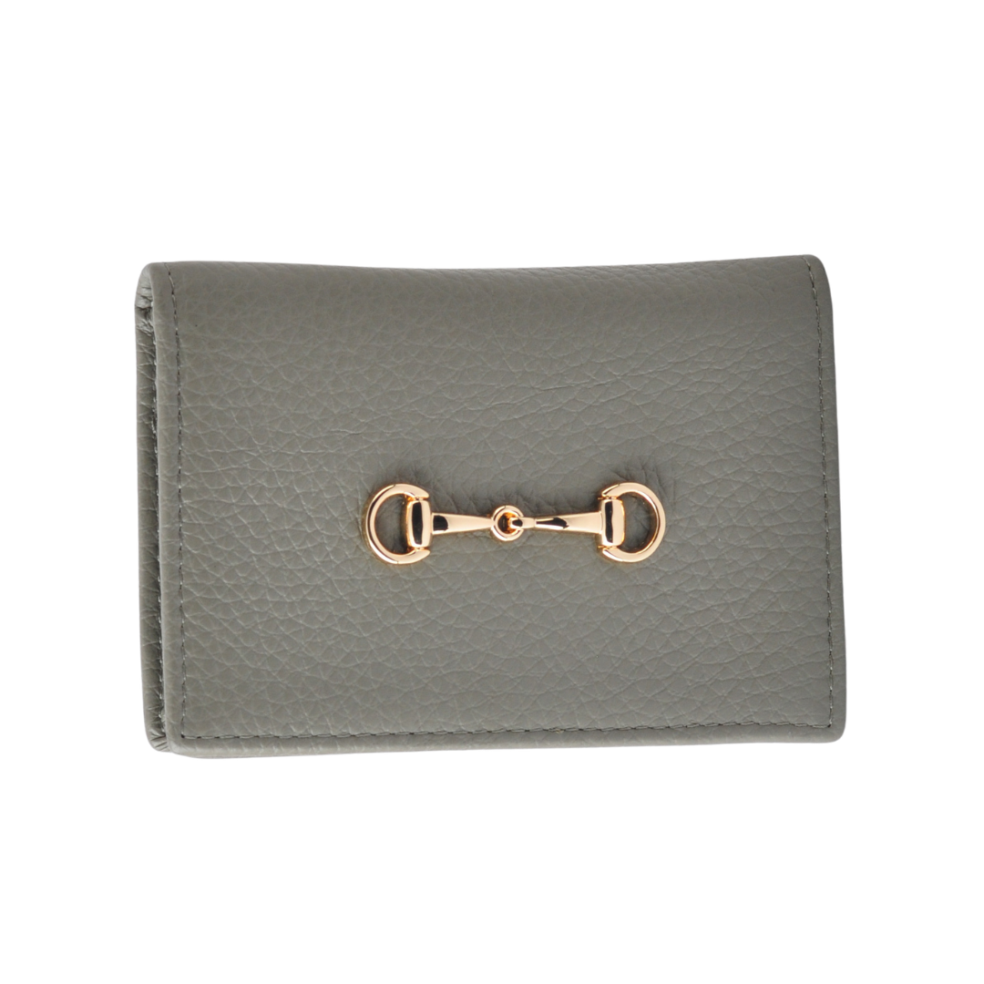 Gold Horsebit Compact Folded Card Case in Grained Leather