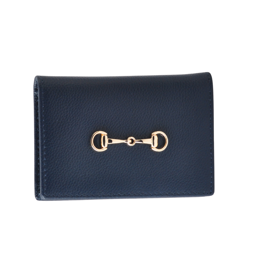 Gold Horsebit Compact Folded Card Case in Grained Leather