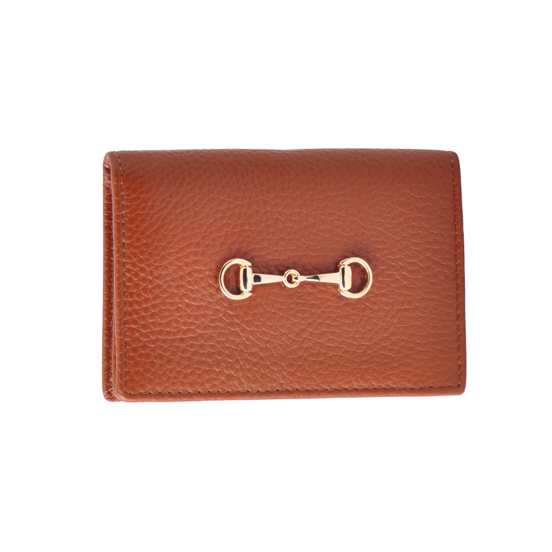 Gold Horsebit Compact Folded Card Case in Grained Leather