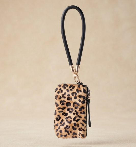 Safari Wristlet: Genuine Calf Hair Leather Zip Pouch with Wrist Strap