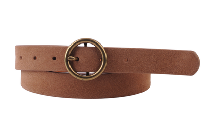 Brass-Toned Circle Buckle Leather Belt