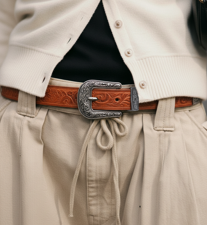 Western Tooled Vintage Buckle Leather Belt