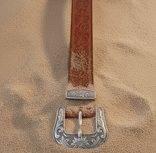 Western Tooled Vintage Buckle Leather Belt