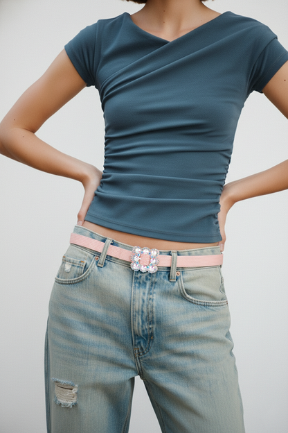 Pink Stretch Belt with Rhinestone Square Buckle