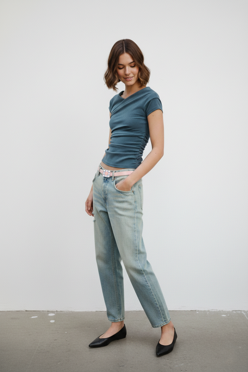 Pink Stretch Belt with Rhinestone Square Buckle