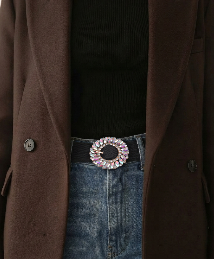 Rhinestone Floral Buckle Black Stretch Belt
