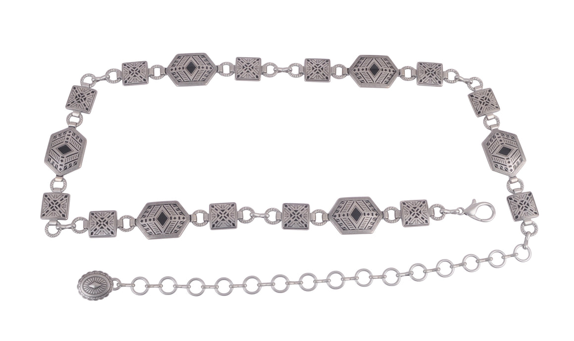 5221 - Elevate Your Style: Silver Aztec Design Chain Belt