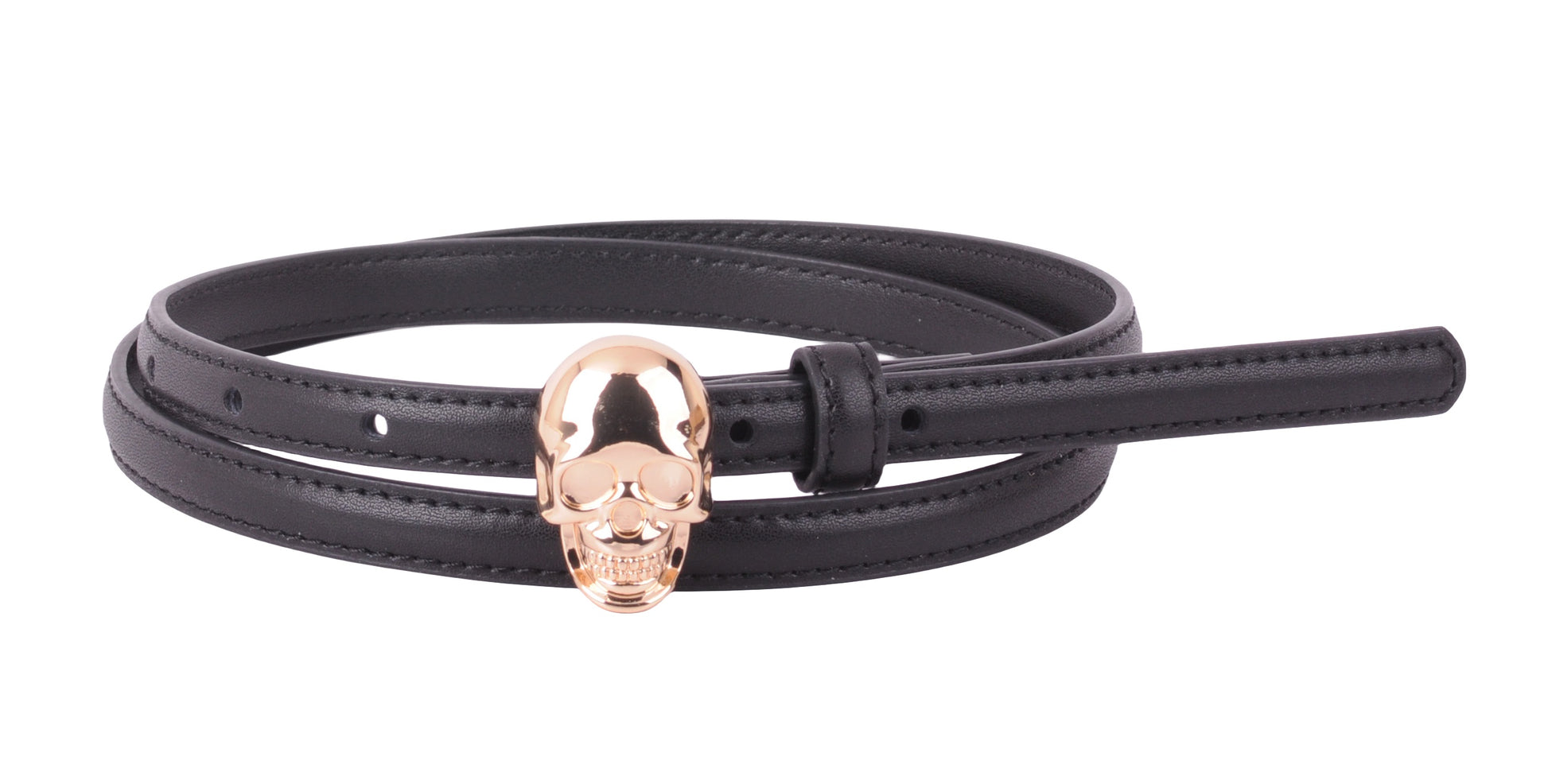 5225-BLACK/GOLD-S - Skinny Skull Buckle Belt - A Bold Statement for Trendsetting Style - Wholesale Belt - Most Wanted USA