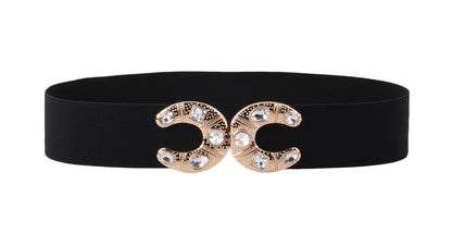 Stretch Belt with Rhinestone Crescent Moon Clasp