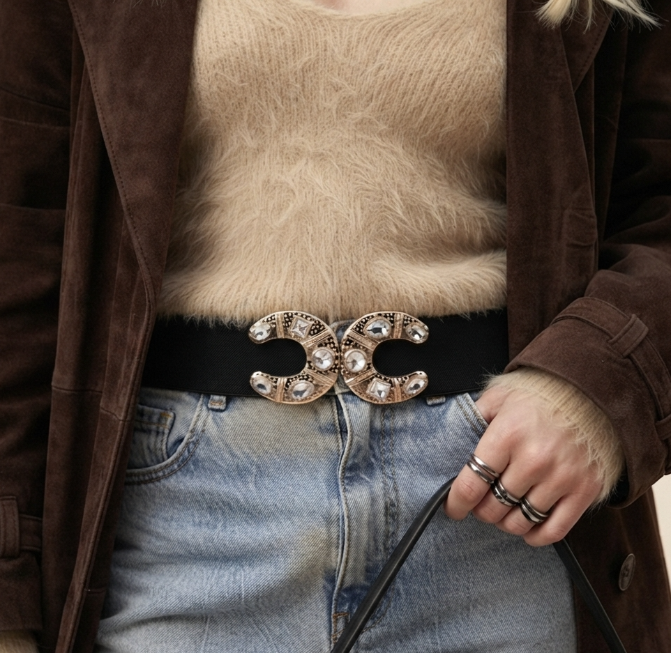 Stretch Belt with Rhinestone Crescent Moon Clasp