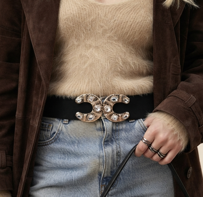 Stretch Belt with Rhinestone Crescent Moon Clasp