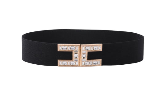 Black Stretch Belt with Rectangular Rhinestone Adorned Clasp