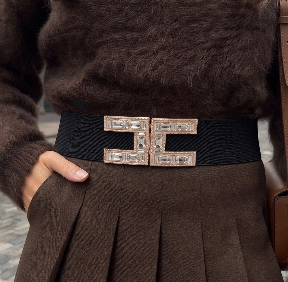 Black Stretch Belt with Rectangular Rhinestone Adorned Clasp