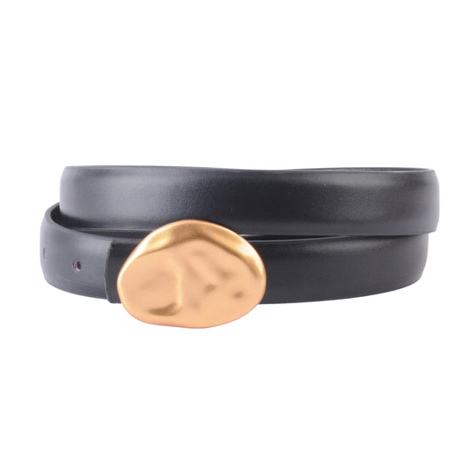 Stitched Clean Leather Belt with Asymmetrical Hammered Buckle - Ships September 29th
