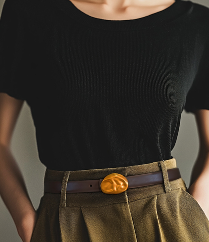 Stitched Clean Leather Belt with Asymmetrical Hammered Buckle