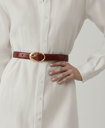 Croco Clean Stitched Belt with Oval Buckle - Ships December 22nd