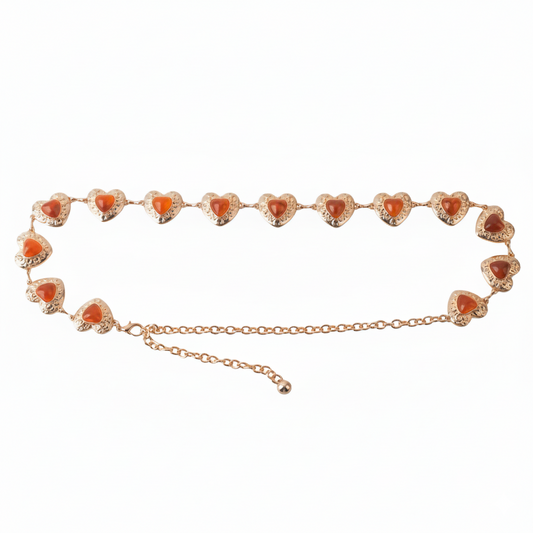 Metallic Heart Amber Stone Chain Belt